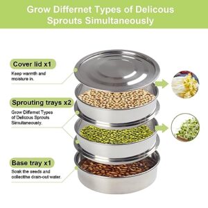 KCGANI Stainless Steel Seed Sprouting Kit, 3-Tier Stackable Microgreens Growing Trays with Base and Lid, Mesh Germination Tray Sprouts Growing Set for Growing Fresh Broccoli Bean Alfalfa Wheat Grass