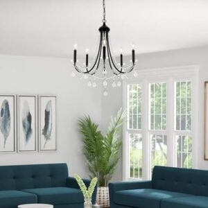 Senyshilon Black Crystal Chandeliers for Dining Room Light Fixtures Over Table, Farmhouse 5 Lights Rustic Candle Chandelier for Living Room Kitchen Island Bedroom Entryway