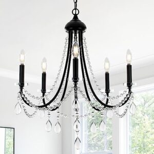 senyshilon black crystal chandeliers for dining room light fixtures over table, farmhouse 5 lights rustic candle chandelier for living room kitchen island bedroom entryway
