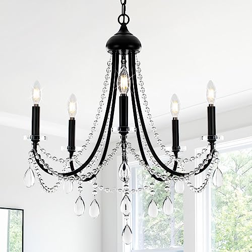 Senyshilon Black Crystal Chandeliers for Dining Room Light Fixtures Over Table, Farmhouse 5 Lights Rustic Candle Chandelier for Living Room Kitchen Island Bedroom Entryway