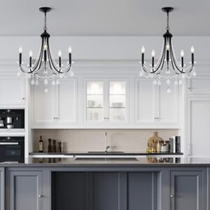 Senyshilon Black Crystal Chandeliers for Dining Room Light Fixtures Over Table, Farmhouse 5 Lights Rustic Candle Chandelier for Living Room Kitchen Island Bedroom Entryway