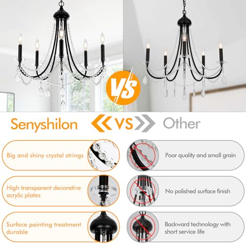 Senyshilon Black Crystal Chandeliers for Dining Room Light Fixtures Over Table, Farmhouse 5 Lights Rustic Candle Chandelier for Living Room Kitchen Island Bedroom Entryway