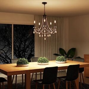 Senyshilon Black Crystal Chandeliers for Dining Room Light Fixtures Over Table, Farmhouse 5 Lights Rustic Candle Chandelier for Living Room Kitchen Island Bedroom Entryway