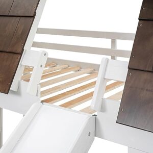 Merax Twin Over Twin House Bunk Bed Frame with Roof,Window,Ladder and Slide for Boys Girls, White & Brown