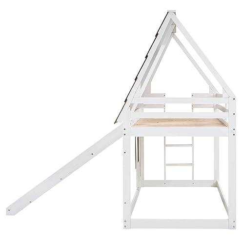 Merax Twin Over Twin House Bunk Bed Frame with Roof,Window,Ladder and Slide for Boys Girls, White & Brown