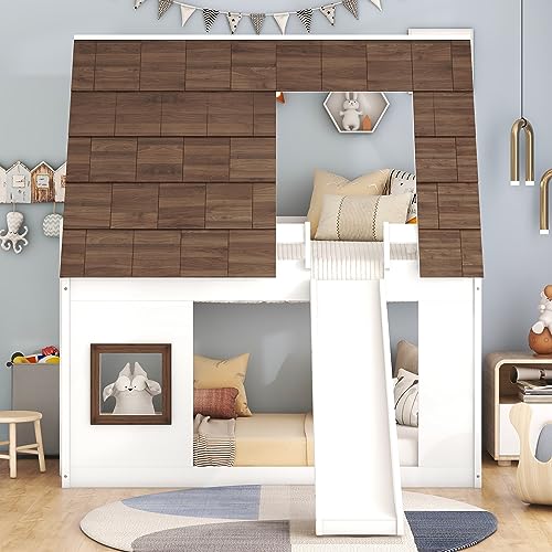 Merax Twin Over Twin House Bunk Bed Frame with Roof,Window,Ladder and Slide for Boys Girls, White & Brown