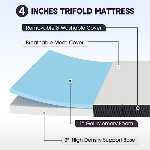 Folding Mattress, 4 Inch Portable Twin Size Trifold Mattress, Foldable Memory Foam Mattress with Washable Cover for Camping, Guest, Yoga, Travel, Certipur-US Certified, Narrow Twin