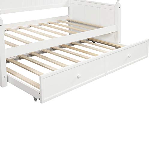 LCH Twin Size Daybed with Trundle, Wood Twin Trundle Daybed Frame, Dual-use Daybed Sofa Bed for Living Room,Guest Room,Children Room, No Box Spring Needed, Suitable for Bedroom, Apartment, White