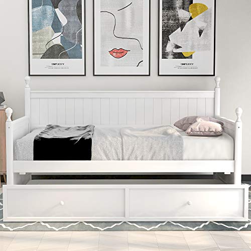 LCH Twin Size Daybed with Trundle, Wood Twin Trundle Daybed Frame, Dual-use Daybed Sofa Bed for Living Room,Guest Room,Children Room, No Box Spring Needed, Suitable for Bedroom, Apartment, White