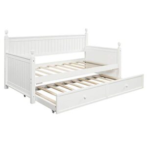 LCH Twin Size Daybed with Trundle, Wood Twin Trundle Daybed Frame, Dual-use Daybed Sofa Bed for Living Room,Guest Room,Children Room, No Box Spring Needed, Suitable for Bedroom, Apartment, White