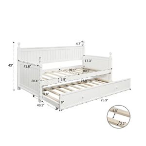 LCH Twin Size Daybed with Trundle, Wood Twin Trundle Daybed Frame, Dual-use Daybed Sofa Bed for Living Room,Guest Room,Children Room, No Box Spring Needed, Suitable for Bedroom, Apartment, White