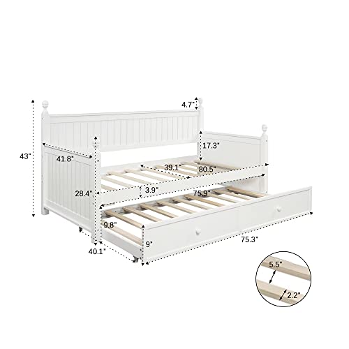 LCH Twin Size Daybed with Trundle, Wood Twin Trundle Daybed Frame, Dual-use Daybed Sofa Bed for Living Room,Guest Room,Children Room, No Box Spring Needed, Suitable for Bedroom, Apartment, White