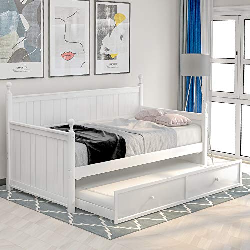 LCH Twin Size Daybed with Trundle, Wood Twin Trundle Daybed Frame, Dual-use Daybed Sofa Bed for Living Room,Guest Room,Children Room, No Box Spring Needed, Suitable for Bedroom, Apartment, White