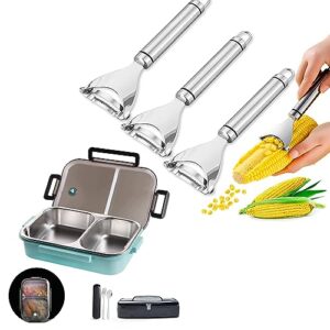 lanskyware 2 compartments bento lunch box with insulated lunch bag and portable utensils, stainless steel food lunch containers for adults men women 3pcs corn peeler, corn peeler for corn on the cob,