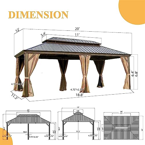 Evedy 12'x20' Outdoor Gazebo, Hardtop Gazebo, Outdoor Aluminum Frame Canopy with Galvanized Steel Double Roof, Outdoor Permanent Metal Pavilion with Curtains and Netting for Patio, Backyard Lawn