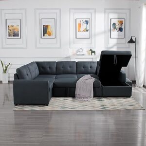 eafurn 114.2”u shaped sectional sofa with pull out full bed and storage chaise lounge,6 seater oversized couch with removable cushion back,tufted sofa & couches for living room furniture set
