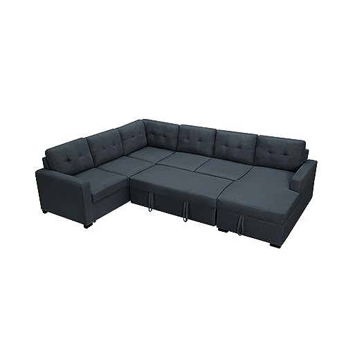 Eafurn 114.2”U Shaped Sectional Sofa with Pull Out Full Bed and Storage Chaise Lounge,6 Seater Oversized Couch with Removable Cushion Back,Tufted Sofa & Couches for Living Room Furniture Set