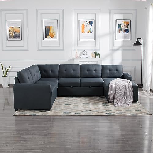 Eafurn 114.2”U Shaped Sectional Sofa with Pull Out Full Bed and Storage Chaise Lounge,6 Seater Oversized Couch with Removable Cushion Back,Tufted Sofa & Couches for Living Room Furniture Set