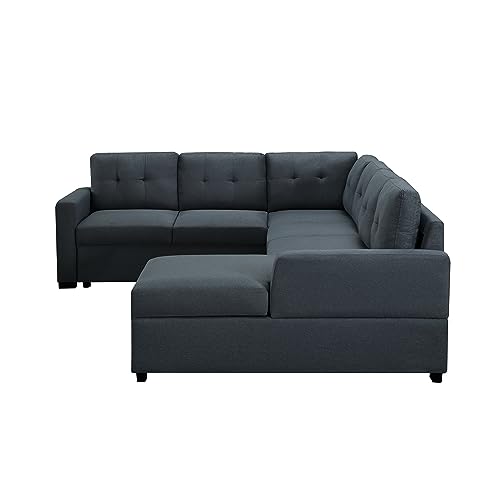 Eafurn 114.2”U Shaped Sectional Sofa with Pull Out Full Bed and Storage Chaise Lounge,6 Seater Oversized Couch with Removable Cushion Back,Tufted Sofa & Couches for Living Room Furniture Set