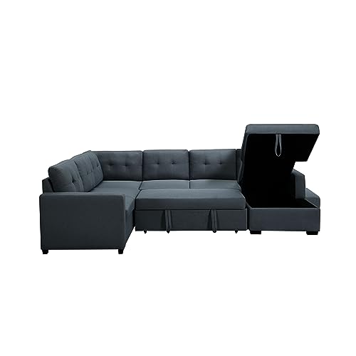 Eafurn 114.2”U Shaped Sectional Sofa with Pull Out Full Bed and Storage Chaise Lounge,6 Seater Oversized Couch with Removable Cushion Back,Tufted Sofa & Couches for Living Room Furniture Set