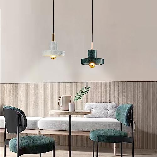 Mjsdjof Round Marble Pendant Lamp, Brass Hanging Light Fixtures with Natural Stone Material Shade, Modern Dining Room Lighting Chandeliers, E27 Socket, Nordic Minimalist Ceiling Island Light
