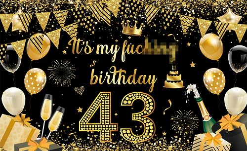 It's My Birthday banner Backdrop，Large Happy Birthday party decorations Backdrop ，Fun Black Gold Banner Birthday Decoration Supplies(Black gold 43)