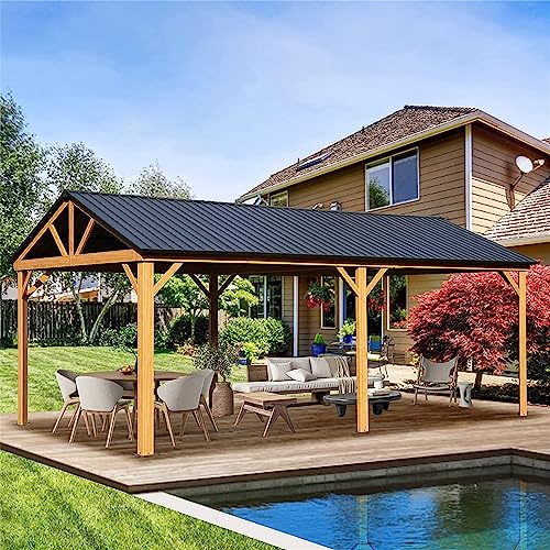 Evedy 12 x 20 Gazebo, Galvanized Steel Gable Roof Gazebo Pergola with Wood Grain Aluminum Frame, Outdoor Hardtop Gazebo Permanent Gazebo Pavilion for Patio, Garden