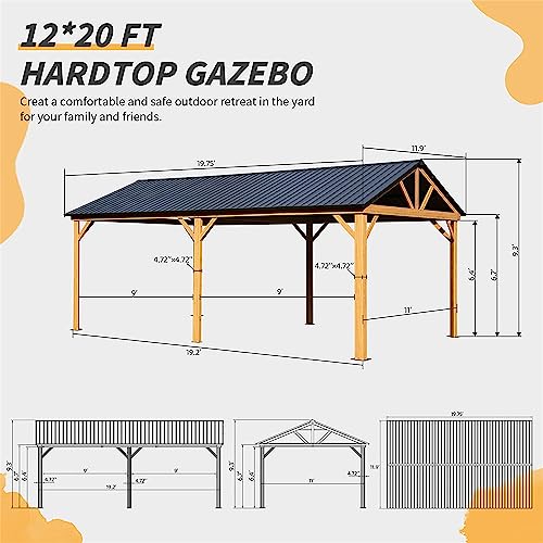 Evedy 12 x 20 Gazebo, Galvanized Steel Gable Roof Gazebo Pergola with Wood Grain Aluminum Frame, Outdoor Hardtop Gazebo Permanent Gazebo Pavilion for Patio, Garden