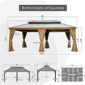 Evedy 12 x 20 Gazebo, Outdoor Wood Grain Aluminum Gazebo with Galvanized Steel, Hardtop Gazebo Patio Double Roof Permanent Metal Gazebo Canopy with Netting and Curtains for Backyard, Patio, Deck