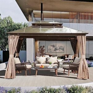 evedy gazebo 10x12, galvanized steel double roof permanent aluminum gazebo, outdoor metal pergolas with curtain and net for garden, parties, patio, deck, lawns