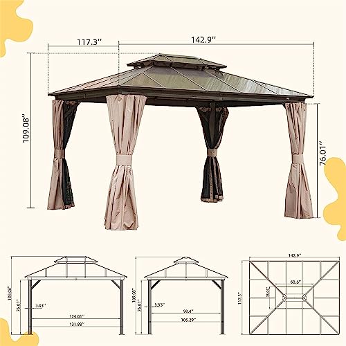 Evedy Gazebo 10x12, Galvanized Steel Double Roof Permanent Aluminum Gazebo, Outdoor Metal Pergolas with Curtain and Net for Garden, Parties, Patio, Deck, Lawns