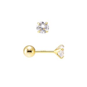 4 mm cubic zirconia sterling silver plated yellow gold stud earrings for women, screw ball backing