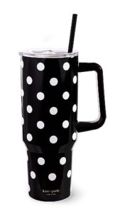 kate spade new york 40 ounce tumbler with handle and straw, double wall stainless steel insulated tumbler, cupholder friendly 40 oz cup, black metal tumbler for hot or cold drinks, picture dot