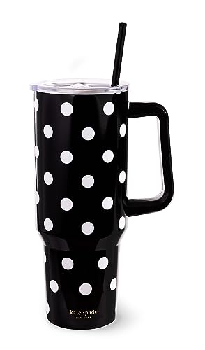 Kate Spade New York 40 Ounce Tumbler with Handle and Straw, Double Wall Stainless Steel Insulated Tumbler, Cupholder Friendly 40 oz Cup, Black Metal Tumbler for Hot or Cold Drinks, Picture Dot