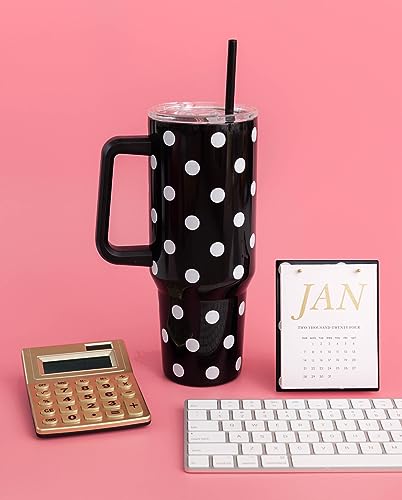 Kate Spade New York 40 Ounce Tumbler with Handle and Straw, Double Wall Stainless Steel Insulated Tumbler, Cupholder Friendly 40 oz Cup, Black Metal Tumbler for Hot or Cold Drinks, Picture Dot