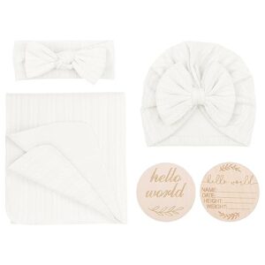 dreshow bqubo baby swaddle blankets for boy girl, 5pcs newborn accessories set with matching hat and bow headband with hello world wooden birth announcement card, baby blankets for girls (white)