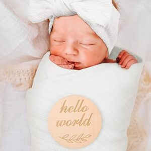 DRESHOW BQUBO Baby Swaddle Blankets for Boy Girl, 5PCS Newborn Accessories Set with Matching Hat and Bow Headband with Hello World Wooden Birth Announcement Card, Baby Blankets for Girls (White)