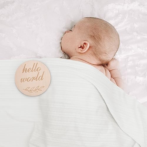 DRESHOW BQUBO Baby Swaddle Blankets for Boy Girl, 5PCS Newborn Accessories Set with Matching Hat and Bow Headband with Hello World Wooden Birth Announcement Card, Baby Blankets for Girls (White)