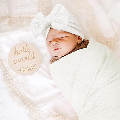 DRESHOW BQUBO Baby Swaddle Blankets for Boy Girl, 5PCS Newborn Accessories Set with Matching Hat and Bow Headband with Hello World Wooden Birth Announcement Card, Baby Blankets for Girls (White)