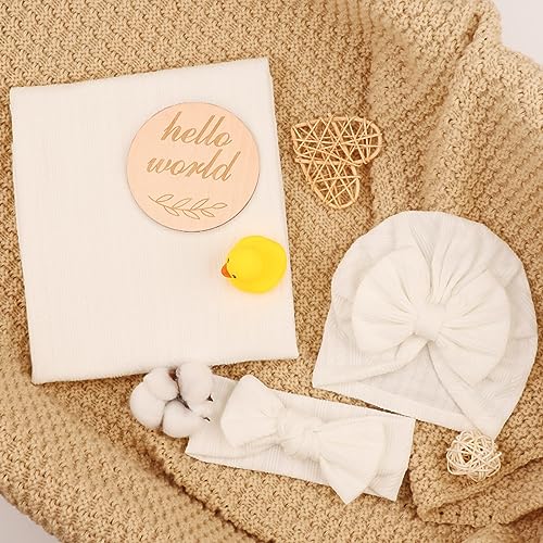 DRESHOW BQUBO Baby Swaddle Blankets for Boy Girl, 5PCS Newborn Accessories Set with Matching Hat and Bow Headband with Hello World Wooden Birth Announcement Card, Baby Blankets for Girls (White)