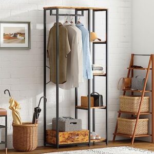 sogesgame clothes rack for hanging clothes, black clothing rack with shelves and drawer, freestanding garment rack for bedroom wardrobe rack for hanging coats, shirts, skirts, sweaters