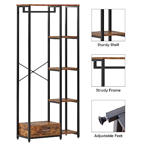 SogesGame Clothes Rack for Hanging Clothes, Black Clothing Rack with Shelves and Drawer, Freestanding Garment Rack for Bedroom Wardrobe Rack for Hanging Coats, Shirts, Skirts, Sweaters