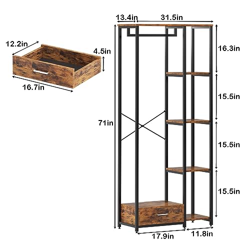 SogesGame Clothes Rack for Hanging Clothes, Black Clothing Rack with Shelves and Drawer, Freestanding Garment Rack for Bedroom Wardrobe Rack for Hanging Coats, Shirts, Skirts, Sweaters