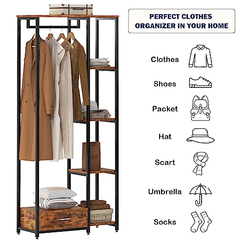 SogesGame Clothes Rack for Hanging Clothes, Black Clothing Rack with Shelves and Drawer, Freestanding Garment Rack for Bedroom Wardrobe Rack for Hanging Coats, Shirts, Skirts, Sweaters