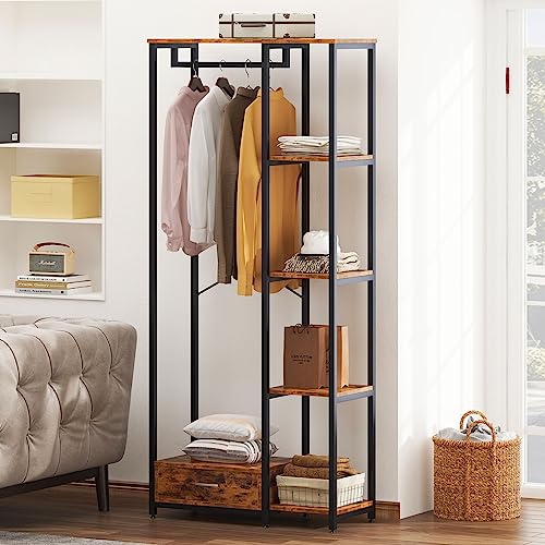 SogesGame Clothes Rack for Hanging Clothes, Black Clothing Rack with Shelves and Drawer, Freestanding Garment Rack for Bedroom Wardrobe Rack for Hanging Coats, Shirts, Skirts, Sweaters