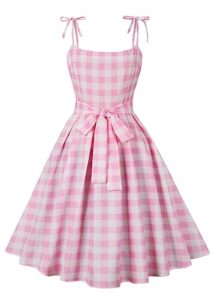 nihsatin barbie pink swing dress tie shoulder plaid printed knot waist dress
