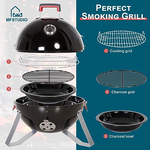 MFSTUDIO 18" Vertical Smoker and BBQ Grill, Pure Porcelain-Enameled Smokey Mountain Cooker, Heavy Duty Charcoal & Woods Outdoor Grill for Smoker, Black