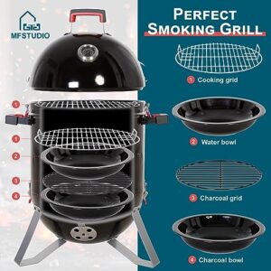 MFSTUDIO 18" Vertical Smoker and BBQ Grill, Pure Porcelain-Enameled Smokey Mountain Cooker, Heavy Duty Charcoal & Woods Outdoor Grill for Smoker, Black