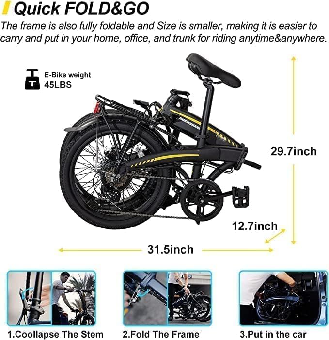 HILAND ROCKSHARK 20 inch Folding Electric Bike for Adults,Electirc Bicycle with 250W Motor,36V 7.8AH Removable Battery Shimano 7-Speed Electric Foldable Bicycles, Urban Ebike for Men Women