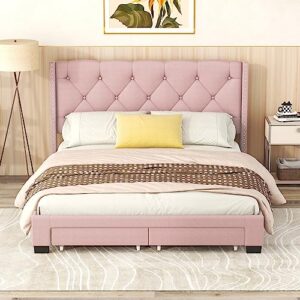 livavege upholstered bed frame queen size with 2 storage drawers and button tufted headboard, modern queen platform bed with wooden slats support, bedframe no box spring needed, pink